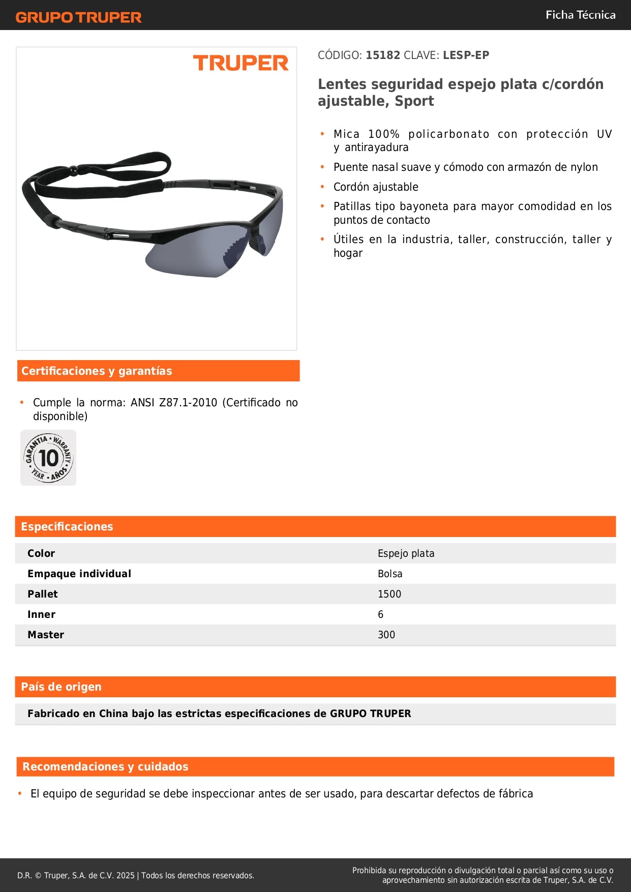 Lentes de Seguridad Espejo Plata Antirayadura UV - Protección Industrial Profesional con Cordón Ajustable LESP-EP