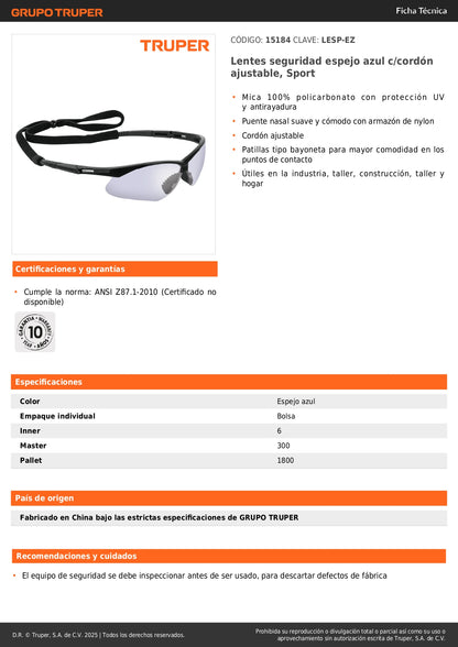 Lentes de Seguridad Industrial Espejo Azul con Cordón Ajustable - Protección UV Antirayadura para Construcción y Taller - LESP-EZ