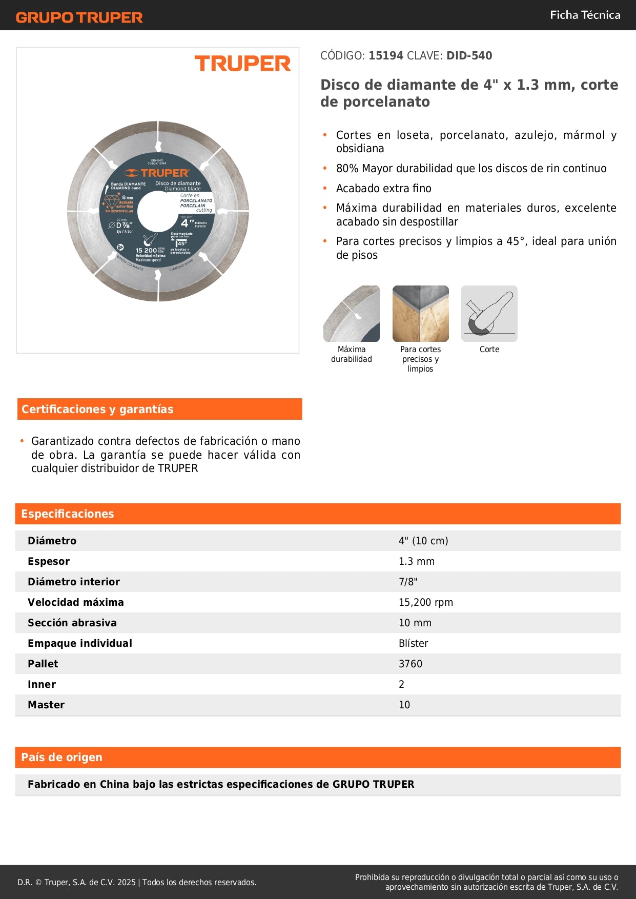 Disco de diamante de 4" x 1.3 mm, corte de porcelanato