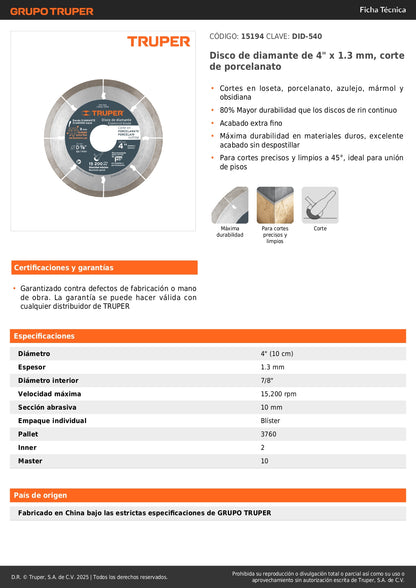 Disco de diamante de 4" x 1.3 mm, corte de porcelanato