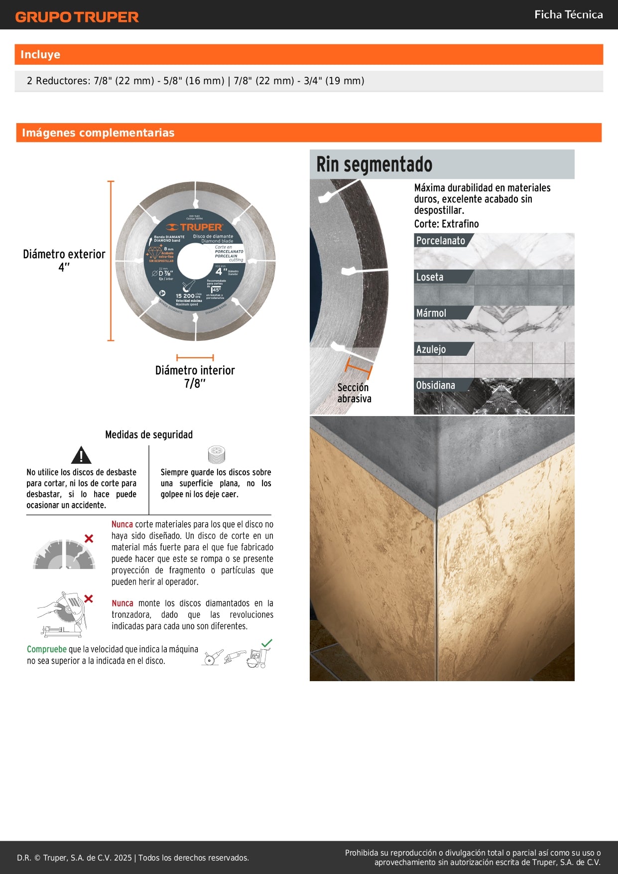 Disco de diamante de 4" x 1.3 mm, corte de porcelanato