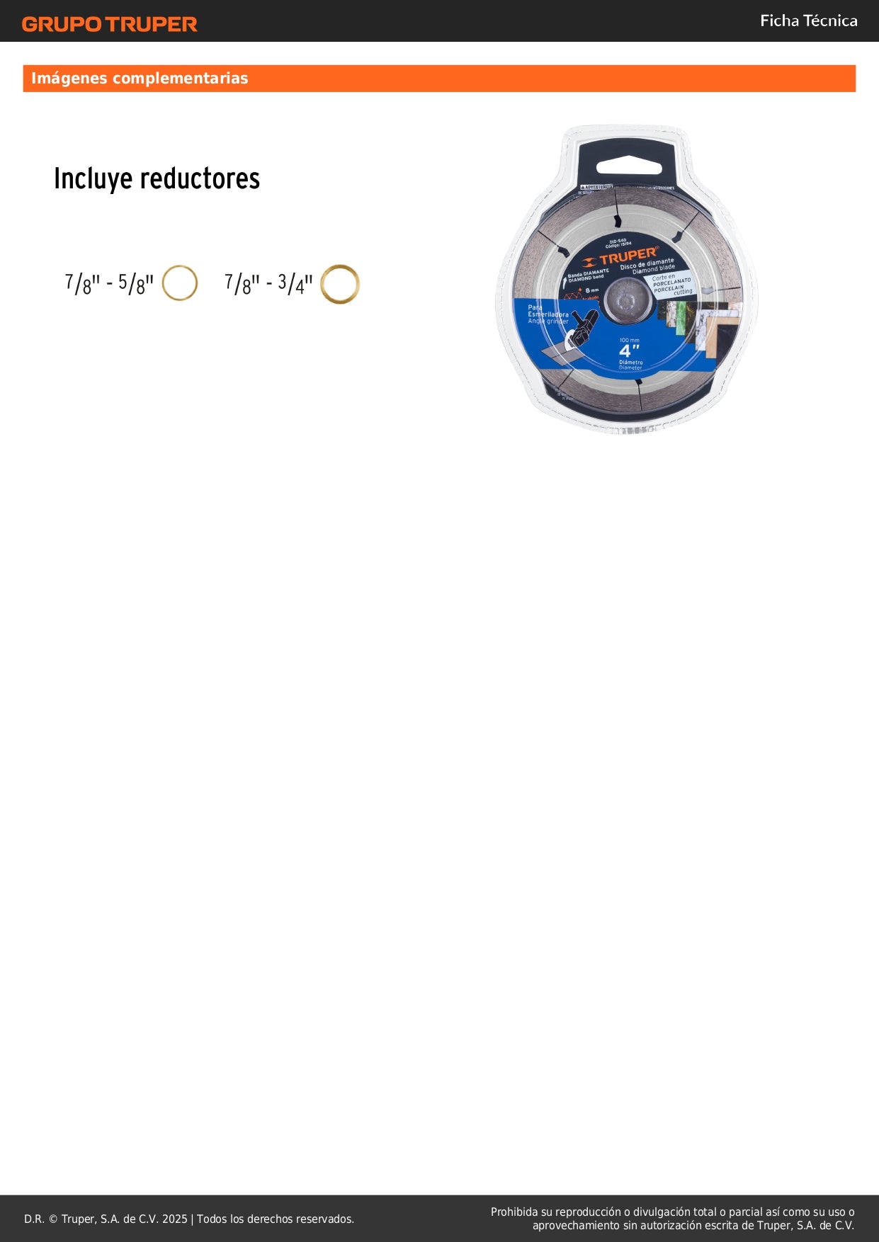 Disco de diamante de 4" x 1.3 mm, corte de porcelanato