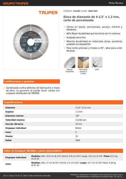 Disco de diamante de 4-1/2" x 1.3 mm, corte de porcelanato