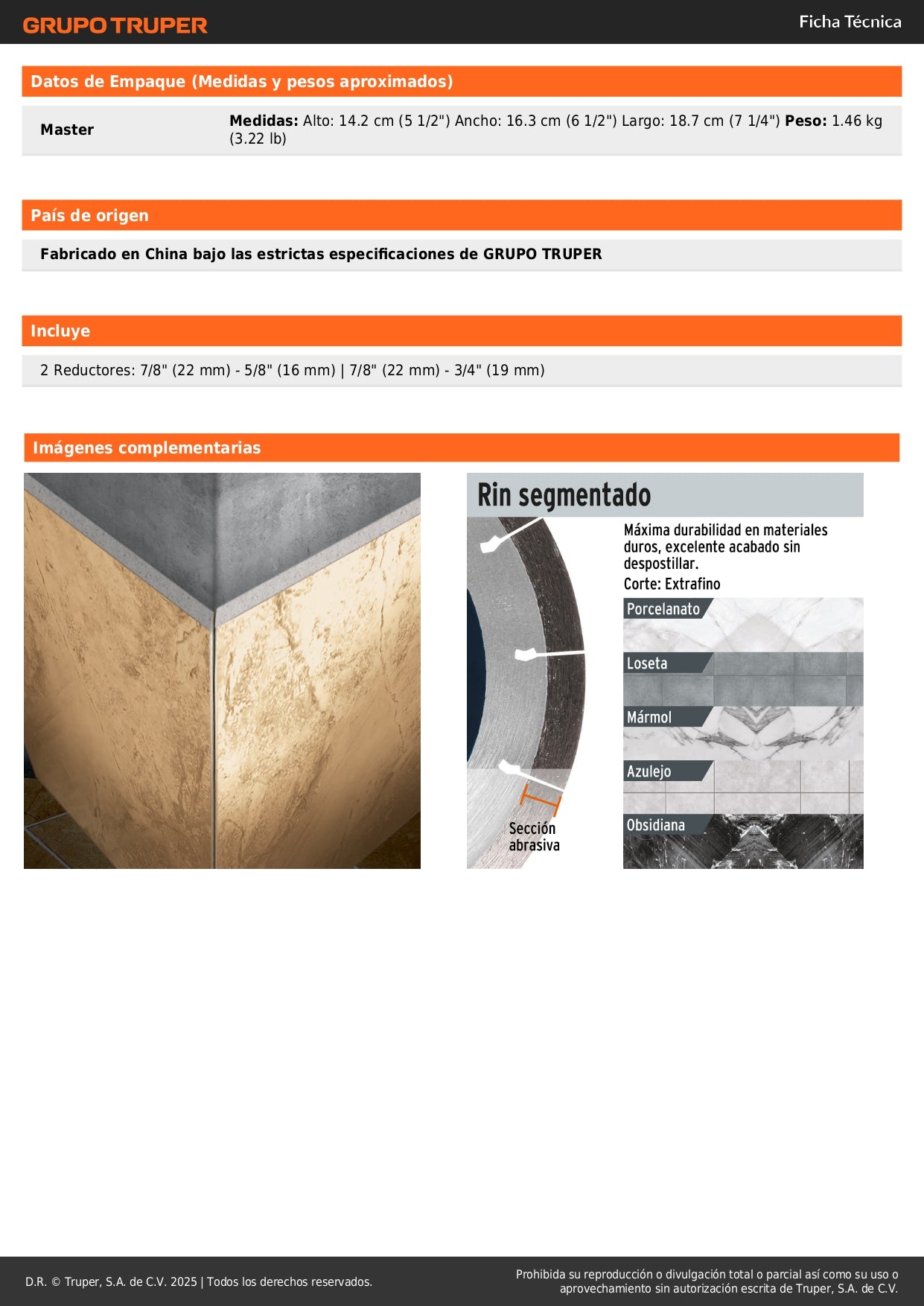 Disco de diamante de 4-1/2" x 1.3 mm, corte de porcelanato