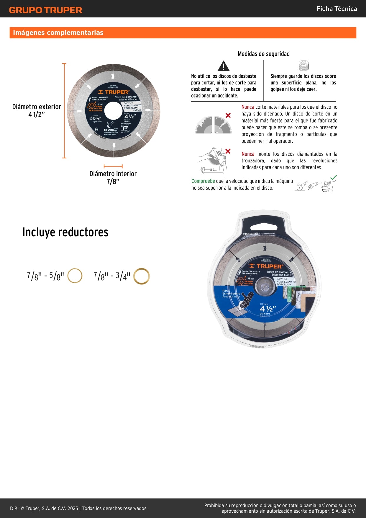 Disco de diamante de 4-1/2" x 1.3 mm, corte de porcelanato