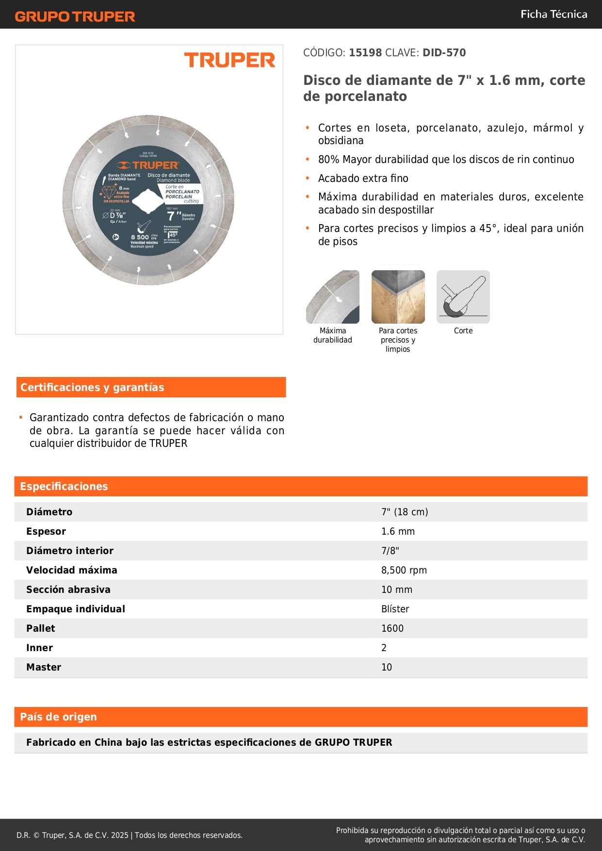 Disco de diamante de 7" x 1.6 mm, corte de porcelanato