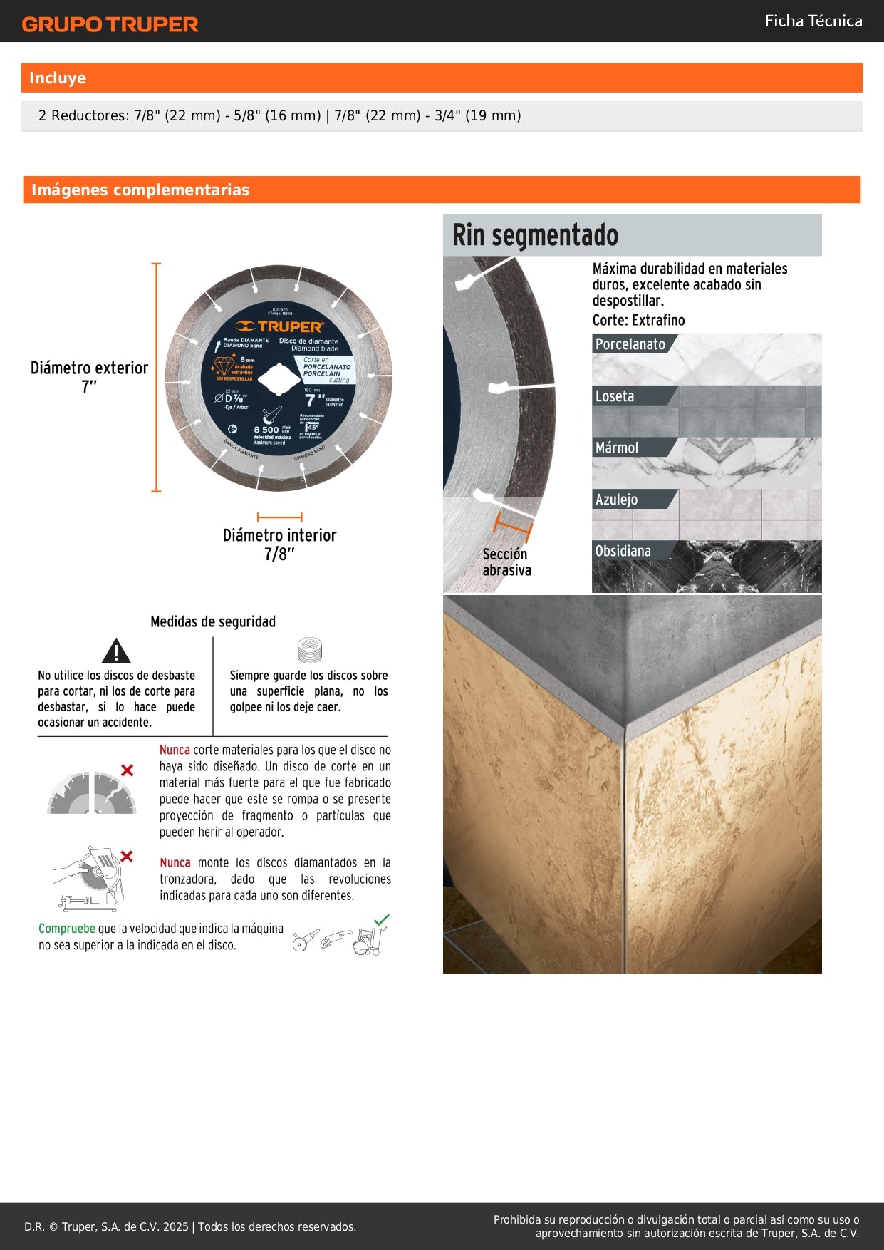 Disco de diamante de 7" x 1.6 mm, corte de porcelanato