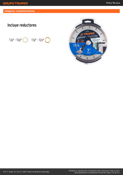 Disco de diamante de 7" x 1.6 mm, corte de porcelanato