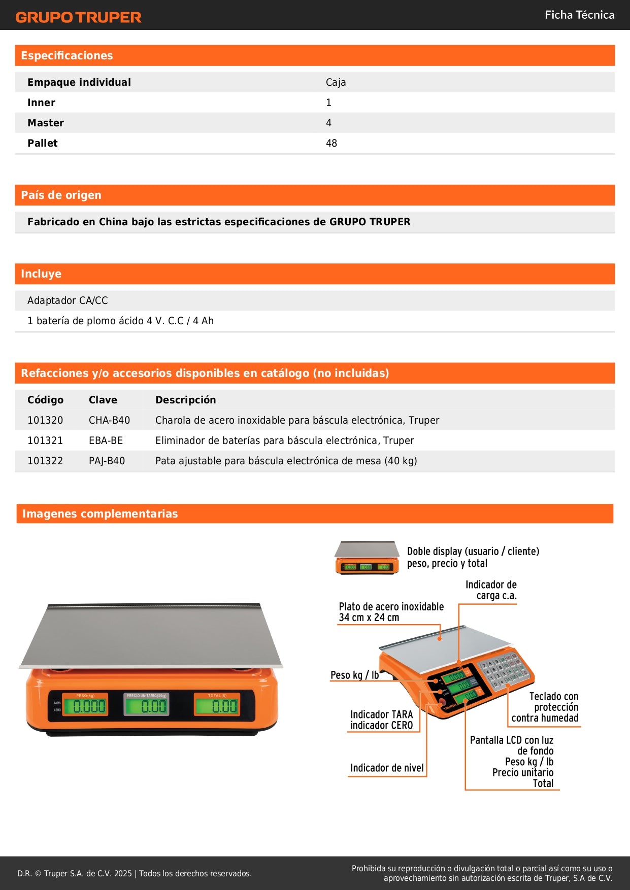 Báscula Electrónica Comercial Truper 40kg - Doble Display, Batería Recargable, Función TARA - Solución Profesional para Pesaje Preciso BASE-40