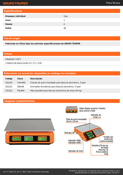 Báscula Electrónica Comercial Truper 40kg - Doble Display, Batería Recargable, Función TARA - Solución Profesional para Pesaje Preciso BASE-40