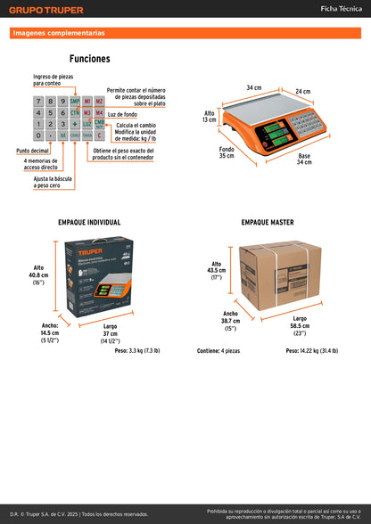 Báscula Electrónica Comercial Truper 40kg - Doble Display, Batería Recargable, Función TARA - Solución Profesional para Pesaje Preciso BASE-40