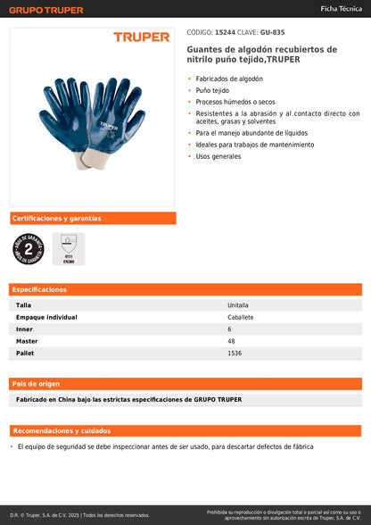 Guantes de Algodón con Recubrimiento de Nitrilo TRUPER GU-835 - Resistentes a Aceites, Grasas y Solventes para Mantenimiento Industrial
