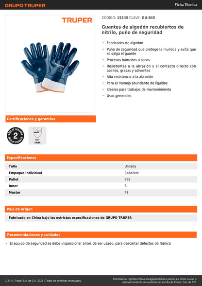 Guantes de Seguridad Industrial GU-845 - Algodón con Recubrimiento de Nitrilo - Resistentes a Aceites, Grasas y Solventes - Protección Completa para Mantenimiento y Procesos Húmedos