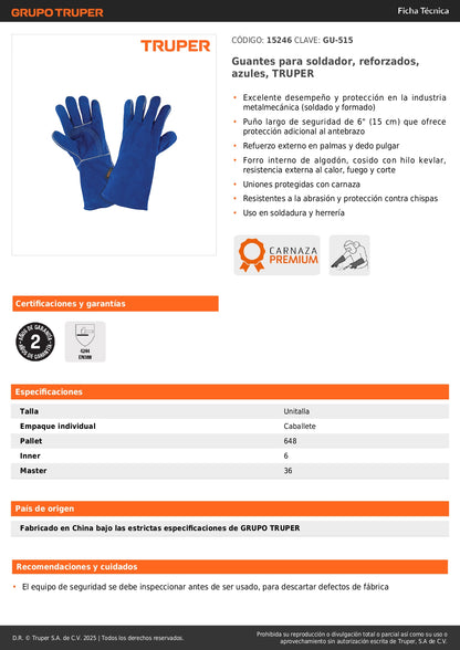 Guantes de Soldador Reforzados TRUPER GU-515 - Protección Profesional contra Chispas y Calor con Puño Largo 6" - Resistentes al Fuego para Soldadura y Herrería