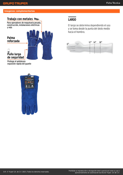 Guantes de Soldador Reforzados TRUPER GU-515 - Protección Profesional contra Chispas y Calor con Puño Largo 6" - Resistentes al Fuego para Soldadura y Herrería
