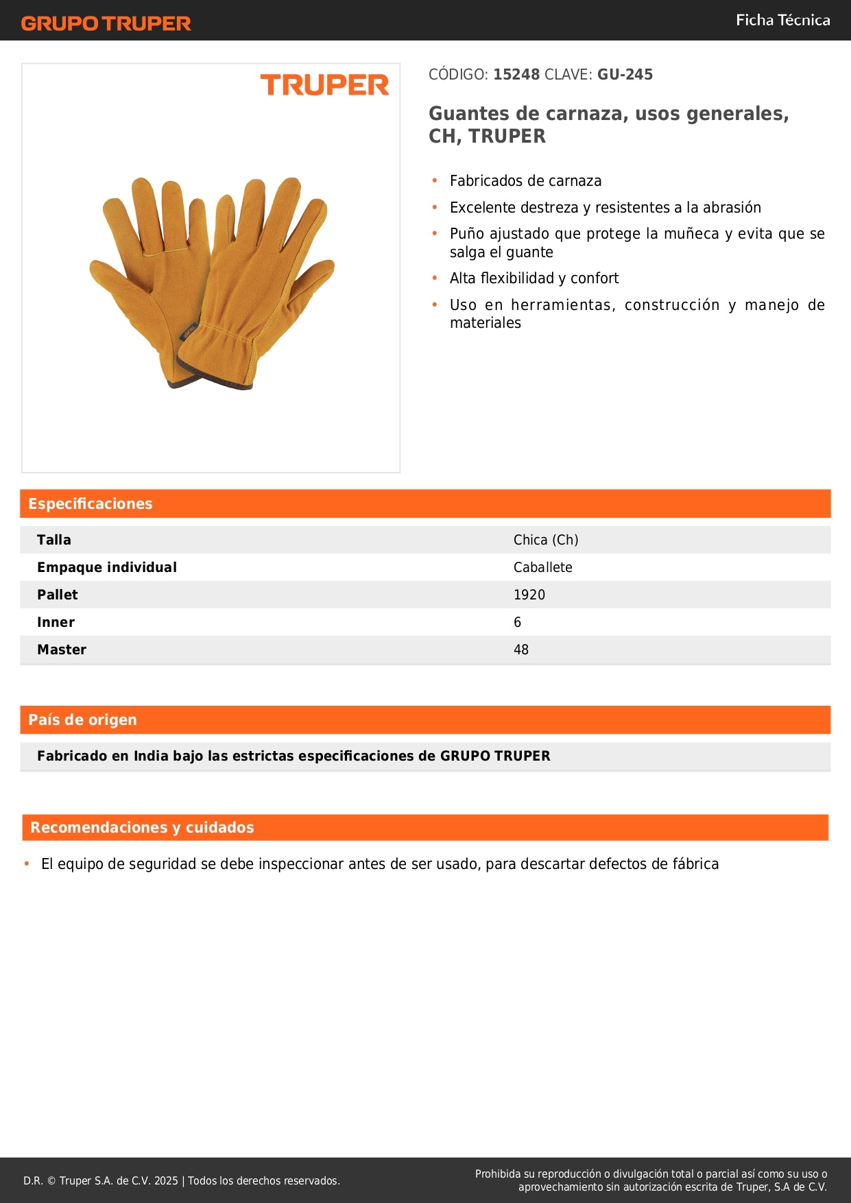 Guantes de Carnaza TRUPER GU-245 - Resistentes Abrasión para Construcción y Herramientas - Protección Profesional Manos