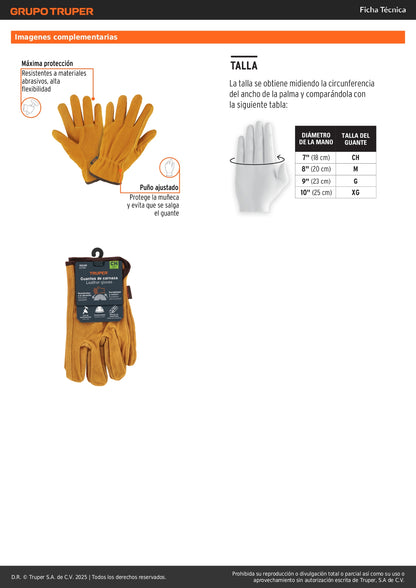 Guantes de Carnaza TRUPER GU-245 - Resistentes Abrasión para Construcción y Herramientas - Protección Profesional Manos