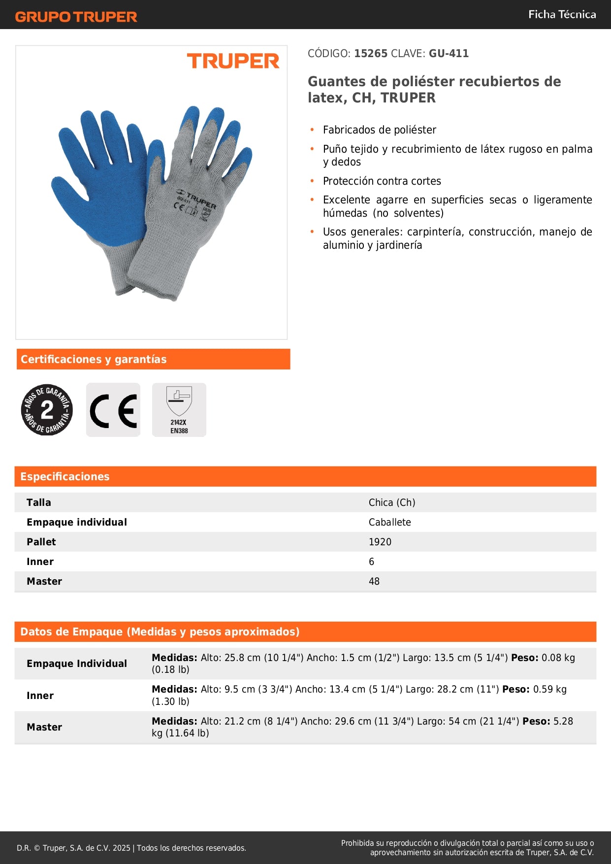 Guantes de Seguridad Industrial Truper GU-411 - Poliéster con Recubrimiento de Látex Antideslizante para Protección contra Cortes en Construcción y Carpintería