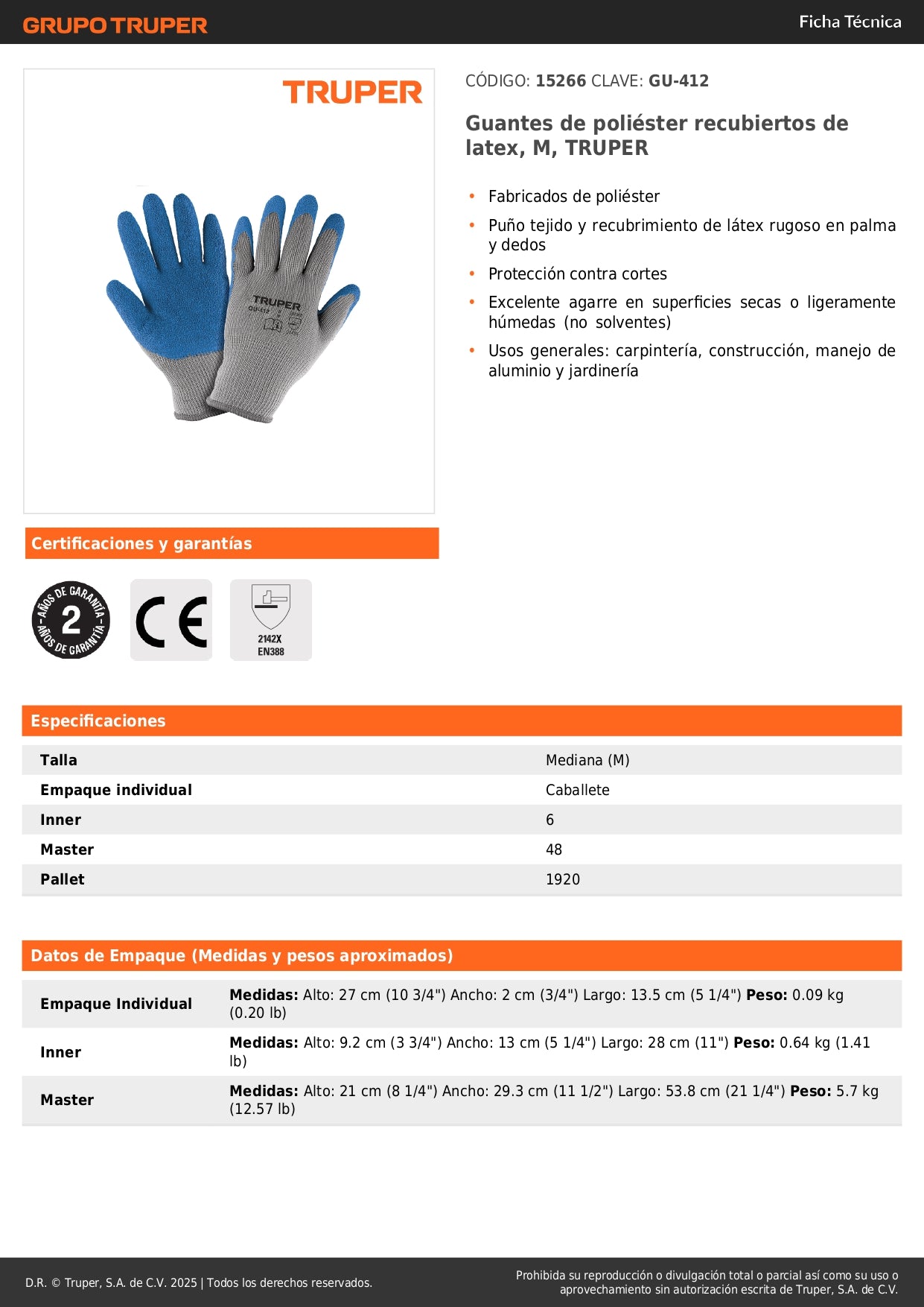 Guantes de Seguridad Industrial TRUPER GU-412 - Poliéster con Recubrimiento de Látex Antideslizante para Carpintería, Construcción y Jardinería - Protección contra Cortes Talla M