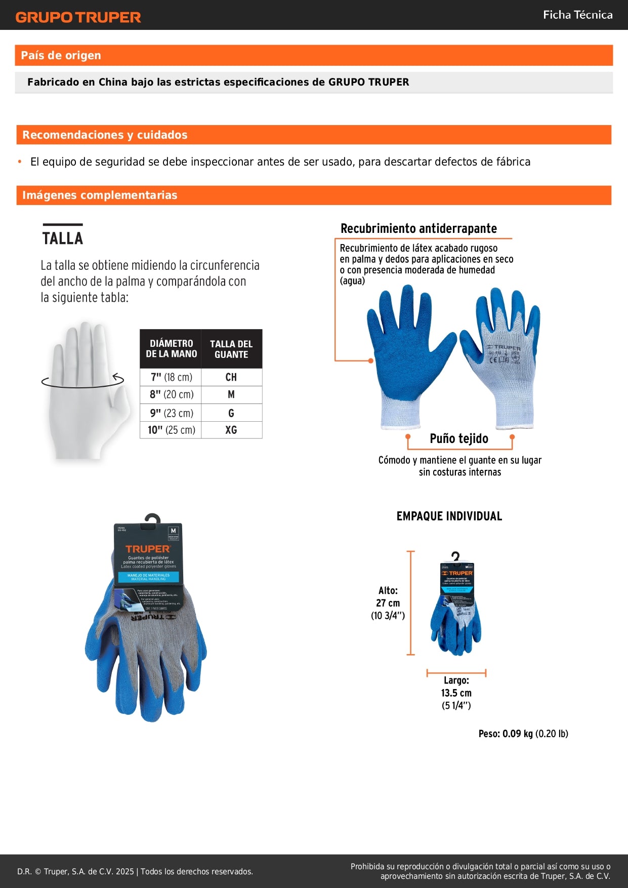 Guantes de Seguridad Industrial TRUPER GU-412 - Poliéster con Recubrimiento de Látex Antideslizante para Carpintería, Construcción y Jardinería - Protección contra Cortes Talla M