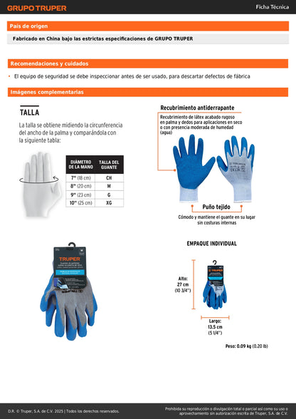 Guantes de Seguridad Industrial TRUPER GU-412 - Poliéster con Recubrimiento de Látex Antideslizante para Carpintería, Construcción y Jardinería - Protección contra Cortes Talla M