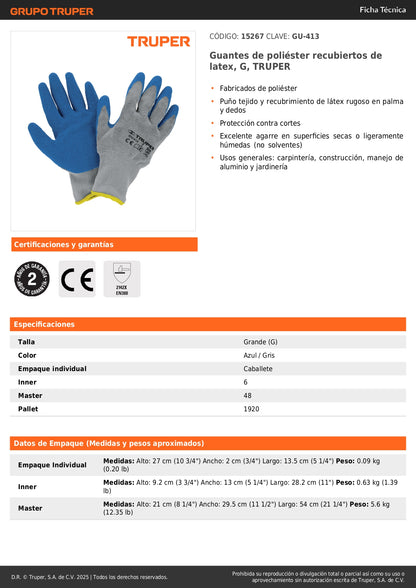 Guantes de Seguridad Industrial TRUPER GU-413 - Poliéster con Recubrimiento de Látex Antideslizante para Carpintería, Construcción y Jardinería - Protección contra Cortes y Agarre Superior