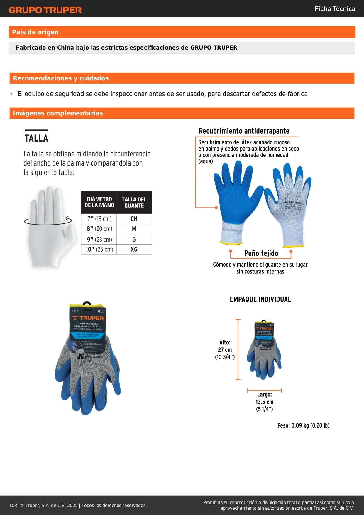 Guantes de Seguridad Industrial TRUPER GU-413 - Poliéster con Recubrimiento de Látex Antideslizante para Carpintería, Construcción y Jardinería - Protección contra Cortes y Agarre Superior