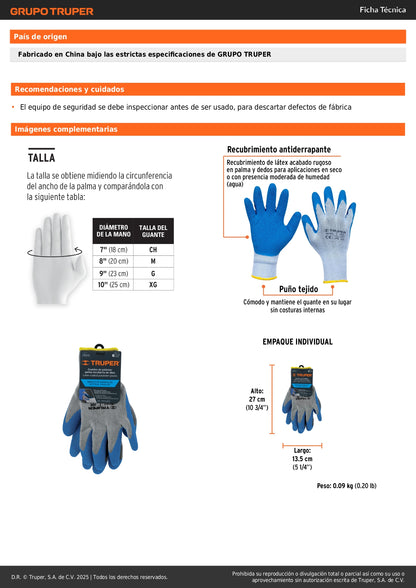 Guantes de Seguridad Industrial TRUPER GU-413 - Poliéster con Recubrimiento de Látex Antideslizante para Carpintería, Construcción y Jardinería - Protección contra Cortes y Agarre Superior