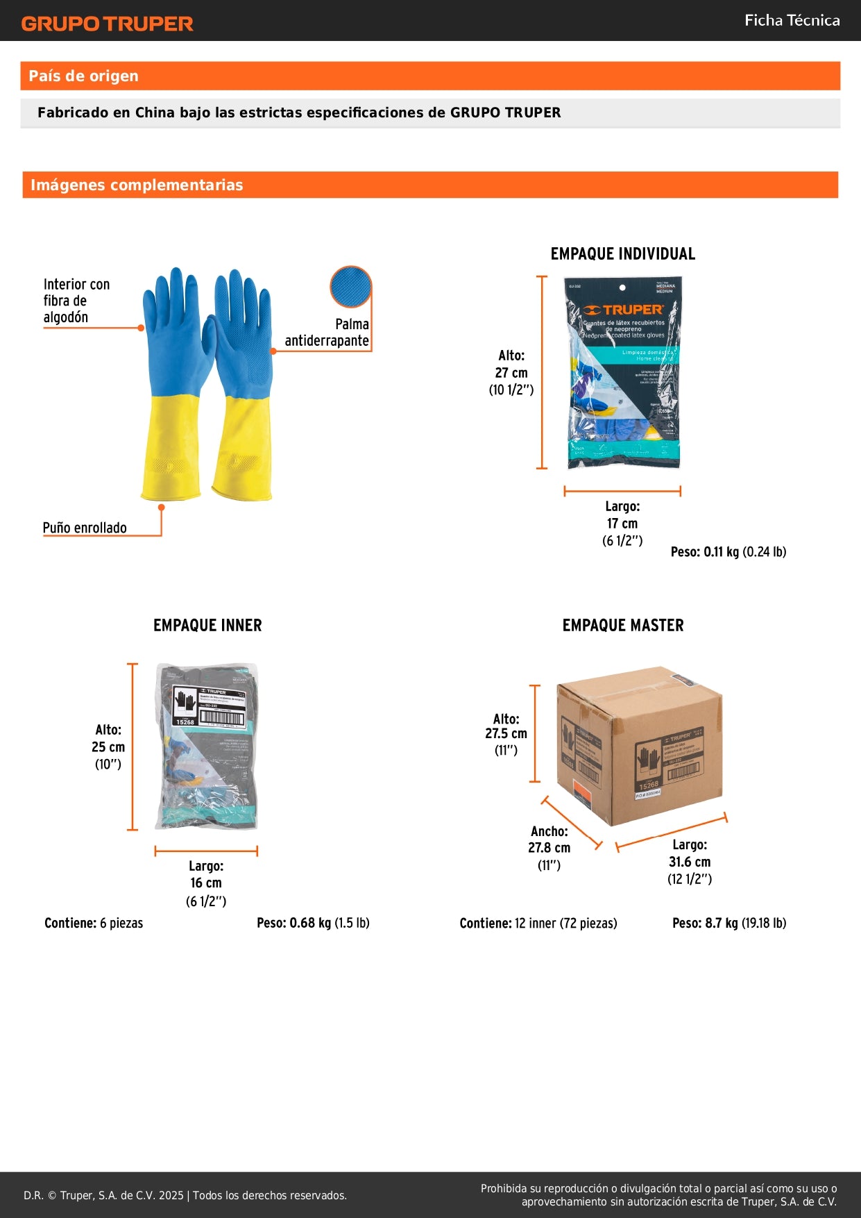 Guantes de Látex Reforzados TRUPER GU-332 - Protección Química Antiderrapante para Limpieza Industrial Talla M