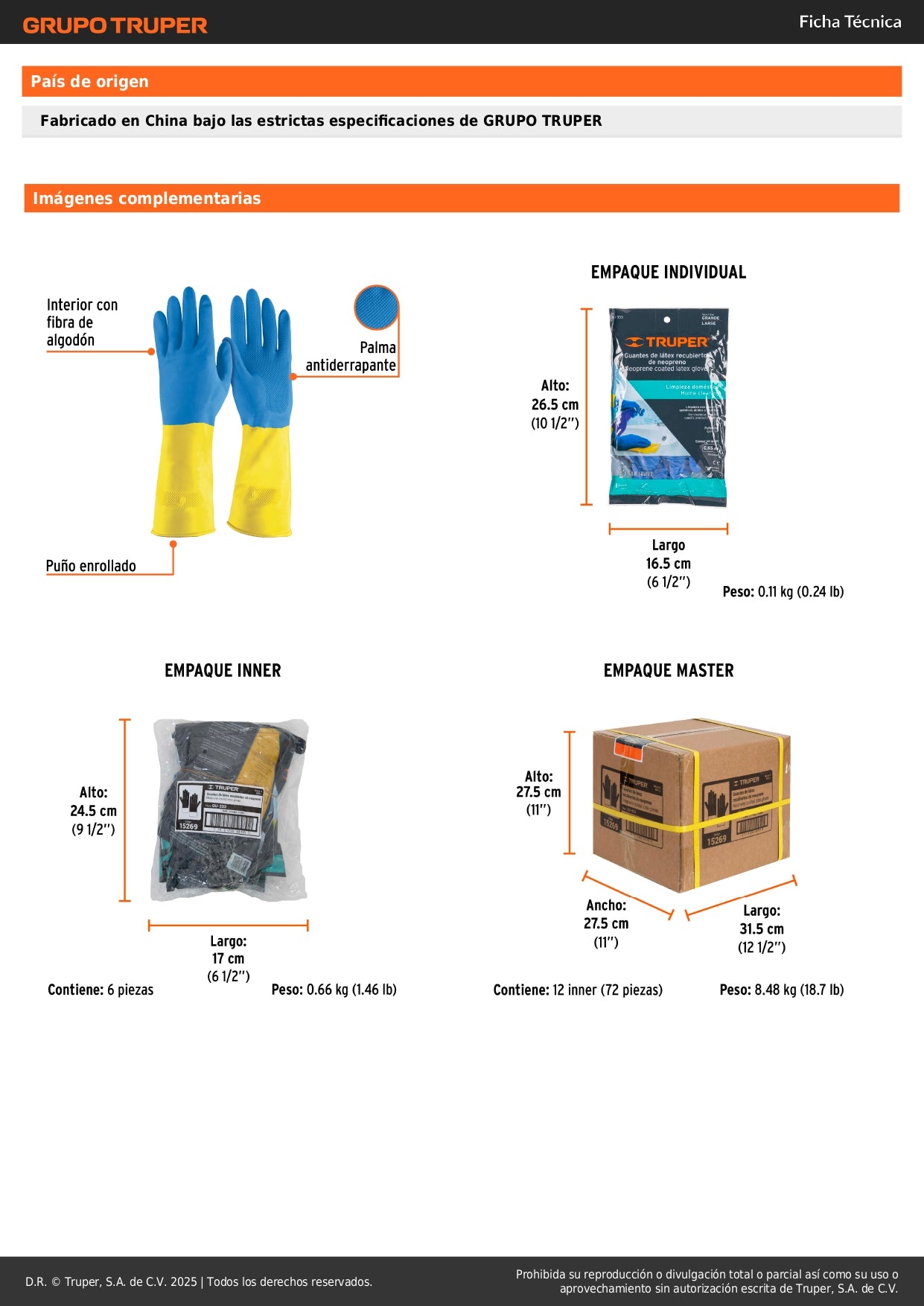 Guantes de Látex Reforzados TRUPER GU-333 - Protección Química Antiderrapante para Limpieza Industrial con Ácidos y Cáusticos