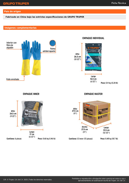 Guantes de Látex Reforzados TRUPER GU-333 - Protección Química Antiderrapante para Limpieza Industrial con Ácidos y Cáusticos