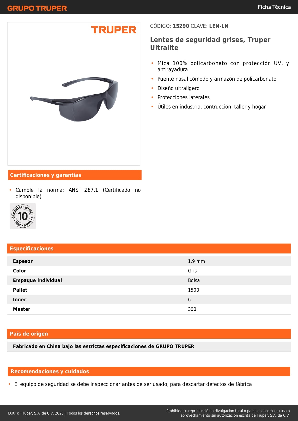 Lentes de Seguridad Grises Truper Ultralite LEN-LN - Protección UV Antirayadura Policarbonato - Solución Profesional para Industria Construcción Taller