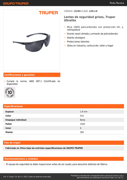 Lentes de Seguridad Grises Truper Ultralite LEN-LN - Protección UV Antirayadura Policarbonato - Solución Profesional para Industria Construcción Taller