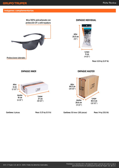 Lentes de Seguridad Grises Truper Ultralite LEN-LN - Protección UV Antirayadura Policarbonato - Solución Profesional para Industria Construcción Taller