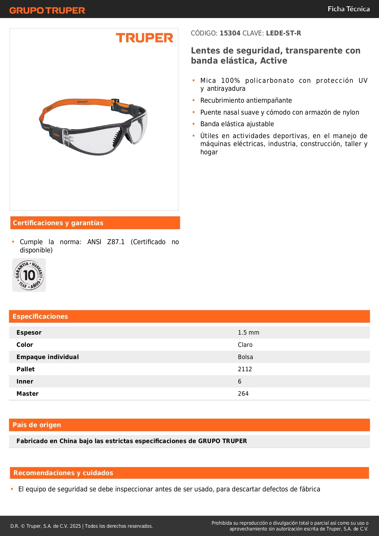 Lentes de Seguridad Transparentes con Banda Elástica TRUPER Active - Protección UV Antiempañante para Industria, Construcción y Deportes - LEDE-ST-R