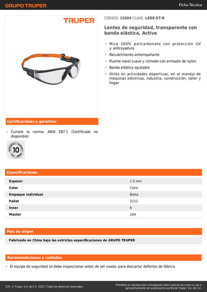 Lentes de Seguridad Transparentes con Banda Elástica TRUPER Active - Protección UV Antiempañante para Industria, Construcción y Deportes - LEDE-ST-R