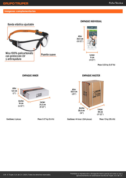 Lentes de Seguridad Transparentes con Banda Elástica TRUPER Active - Protección UV Antiempañante para Industria, Construcción y Deportes - LEDE-ST-R