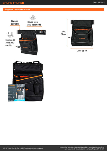 Porta Herramientas Profesional Truper 7 Compartimentos - Poliéster 600D Resistente - Organiza y Protege Tus Herramientas