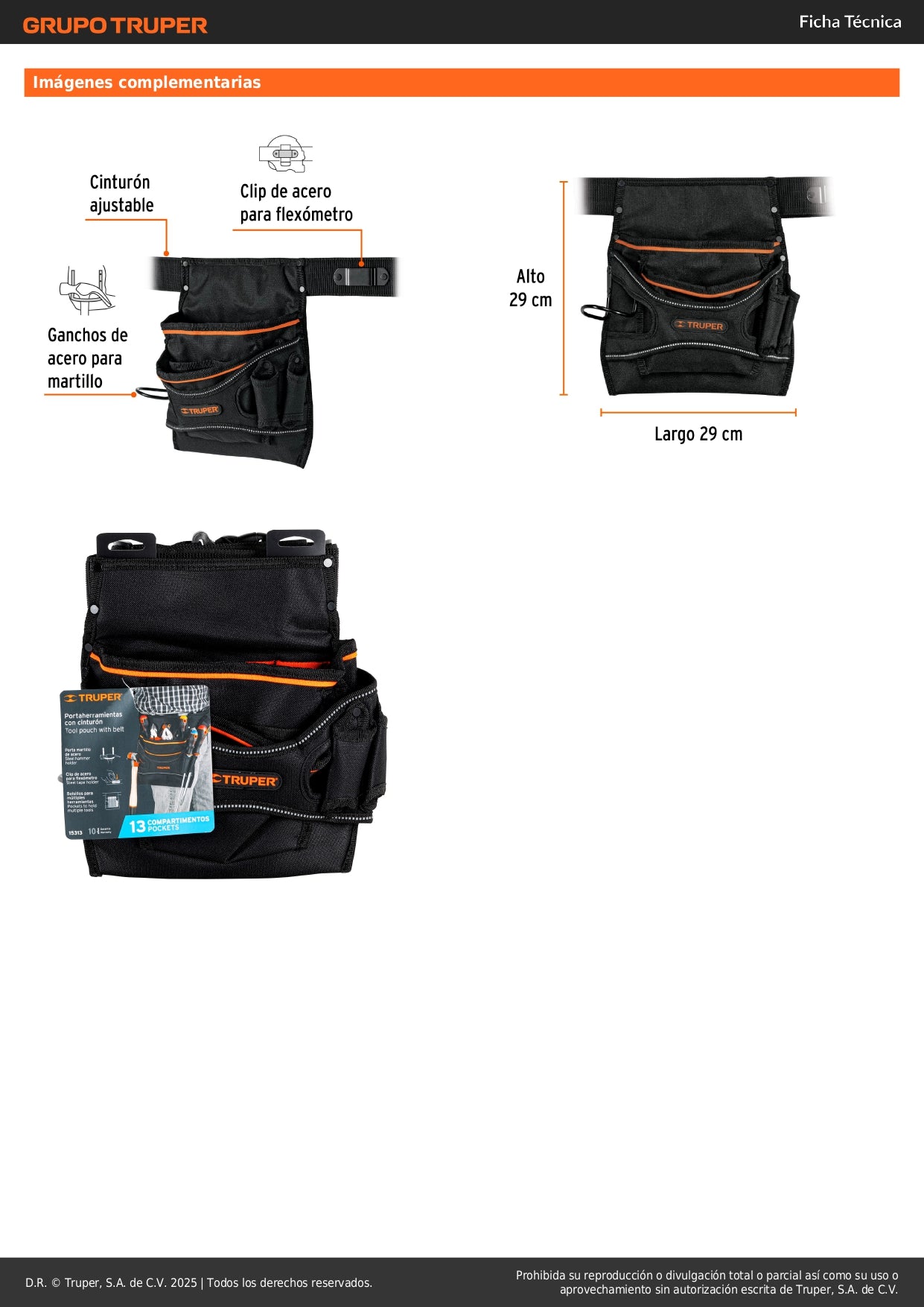 Porta Herramientas Profesional Truper 13 Compartimentos - Poliéster 600D Resistente al Agua - Organiza y Protege Herramientas