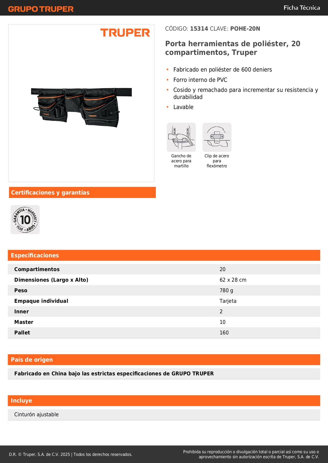 Porta Herramientas Profesional Truper 20 Compartimentos - Poliéster 600D Resistente y Lavable POHE-20N