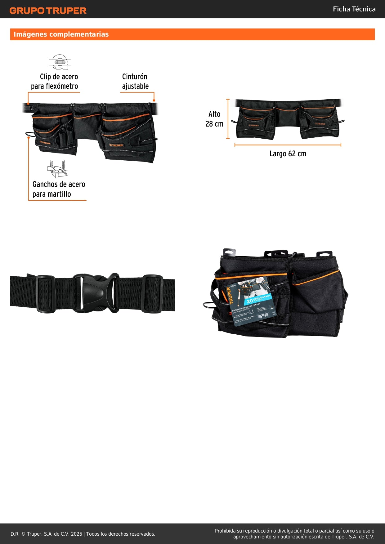 Porta Herramientas Profesional Truper 20 Compartimentos - Poliéster 600D Resistente y Lavable POHE-20N