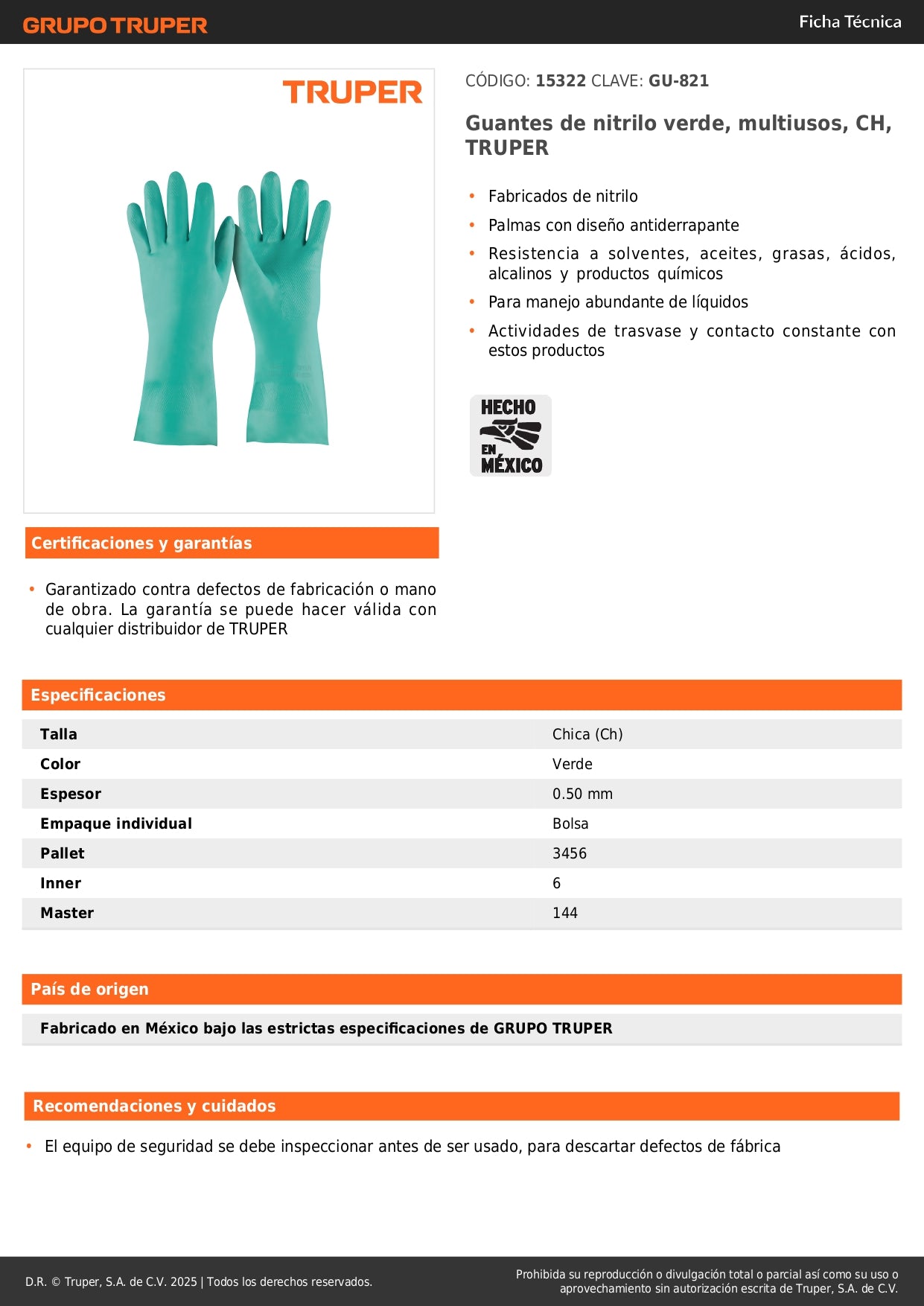 Guantes de Nitrilo Verde TRUPER GU-821 - Resistentes a Químicos y Antiderrapantes para Protección Industrial
