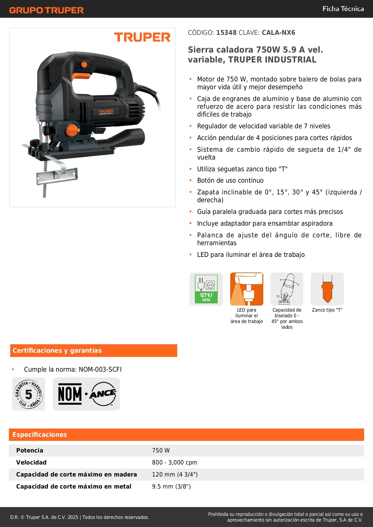 Sierra Caladora TRUPER INDUSTRIAL 750W Variable - Cortes Precisos Profesionales Madera Metal - Motor Balero Bolas LED Guía Paralela - CALA-NX6