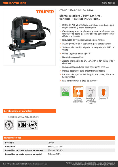 Sierra Caladora TRUPER INDUSTRIAL 750W Variable - Cortes Precisos Profesionales Madera Metal - Motor Balero Bolas LED Guía Paralela - CALA-NX6