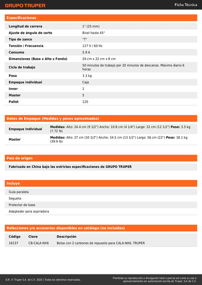 Sierra Caladora TRUPER INDUSTRIAL 750W Variable - Cortes Precisos Profesionales Madera Metal - Motor Balero Bolas LED Guía Paralela - CALA-NX6