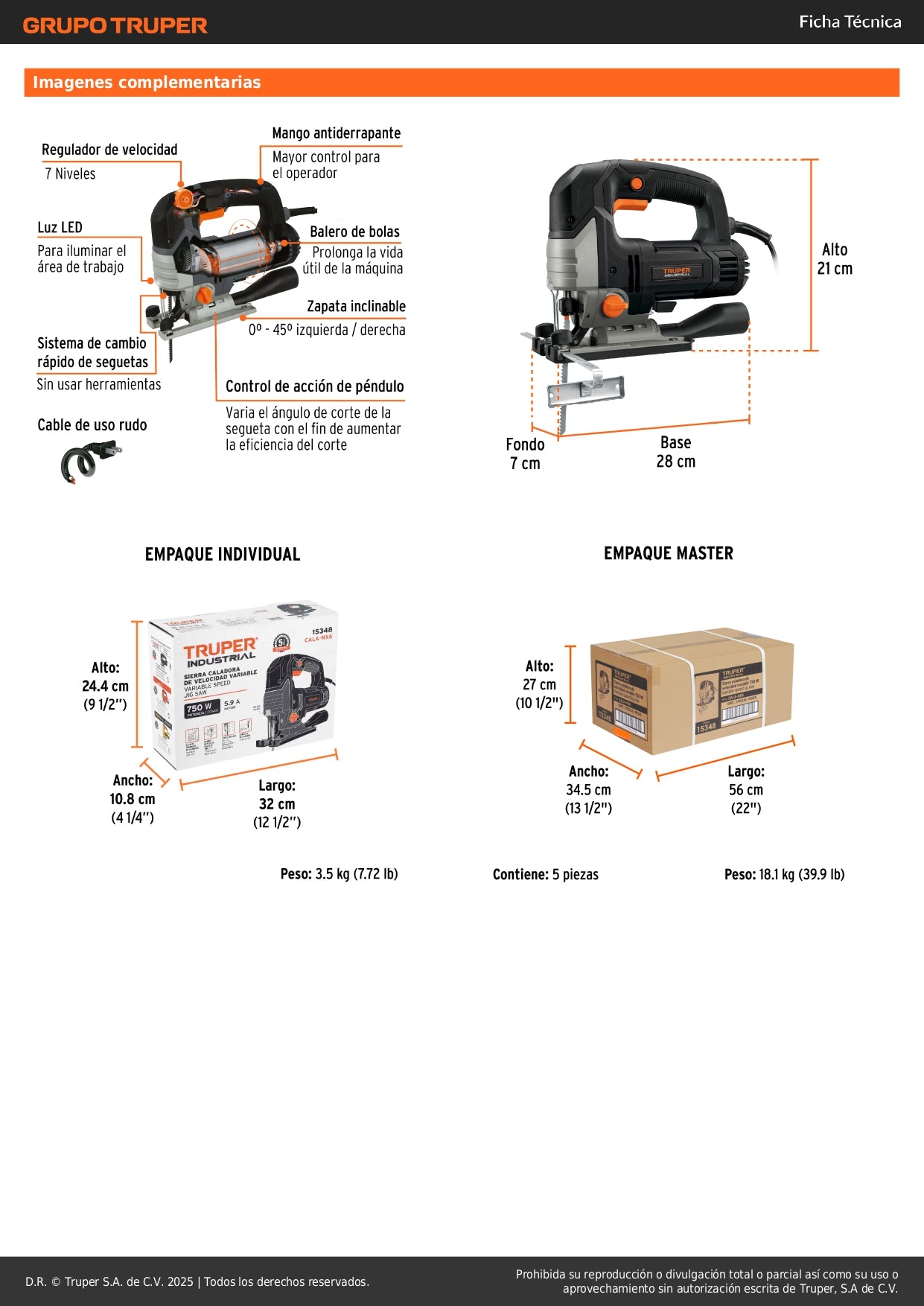 Sierra Caladora TRUPER INDUSTRIAL 750W Variable - Cortes Precisos Profesionales Madera Metal - Motor Balero Bolas LED Guía Paralela - CALA-NX6