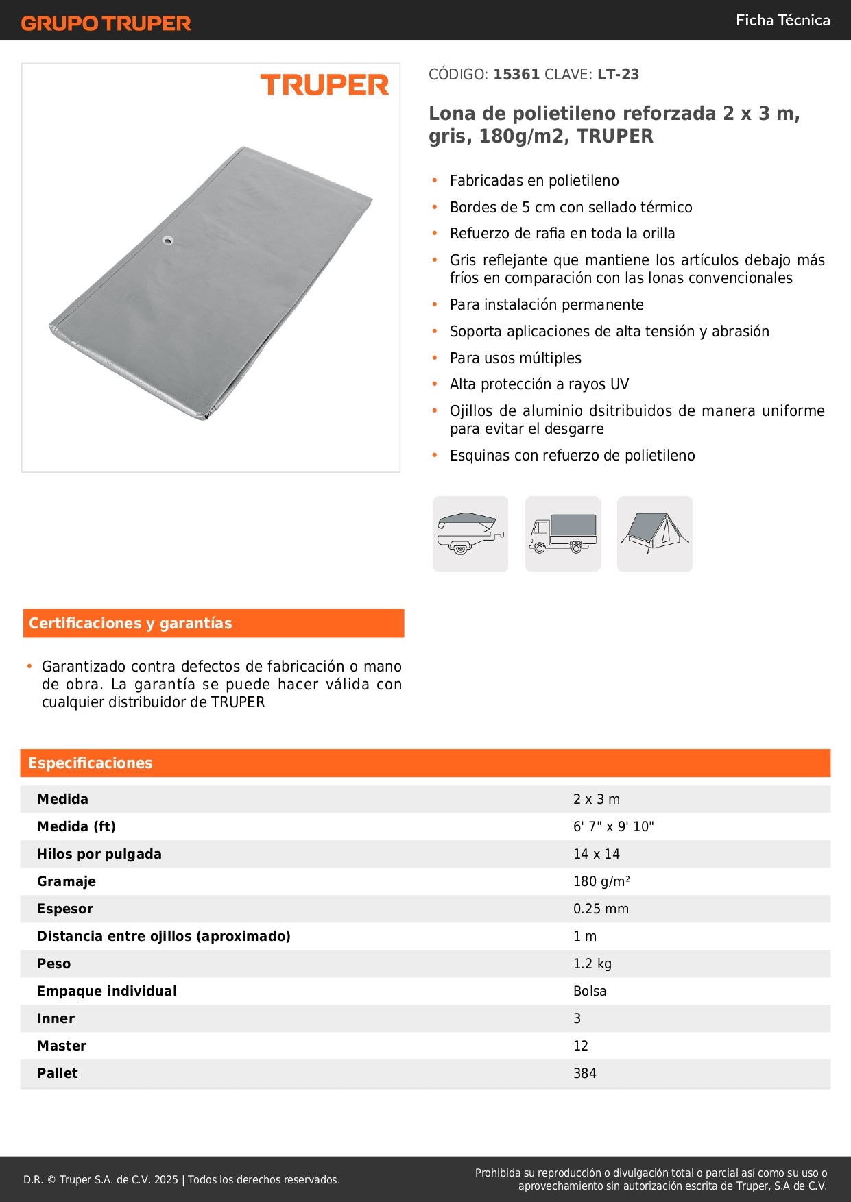 Lona Polietileno Reforzada 2x3m TRUPER LT-23 - Protección UV Resistente Intemperie Gris 180g/m2