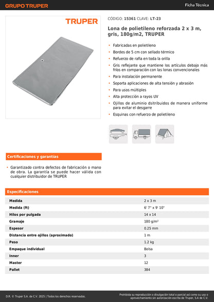 Lona Polietileno Reforzada 2x3m TRUPER LT-23 - Protección UV Resistente Intemperie Gris 180g/m2
