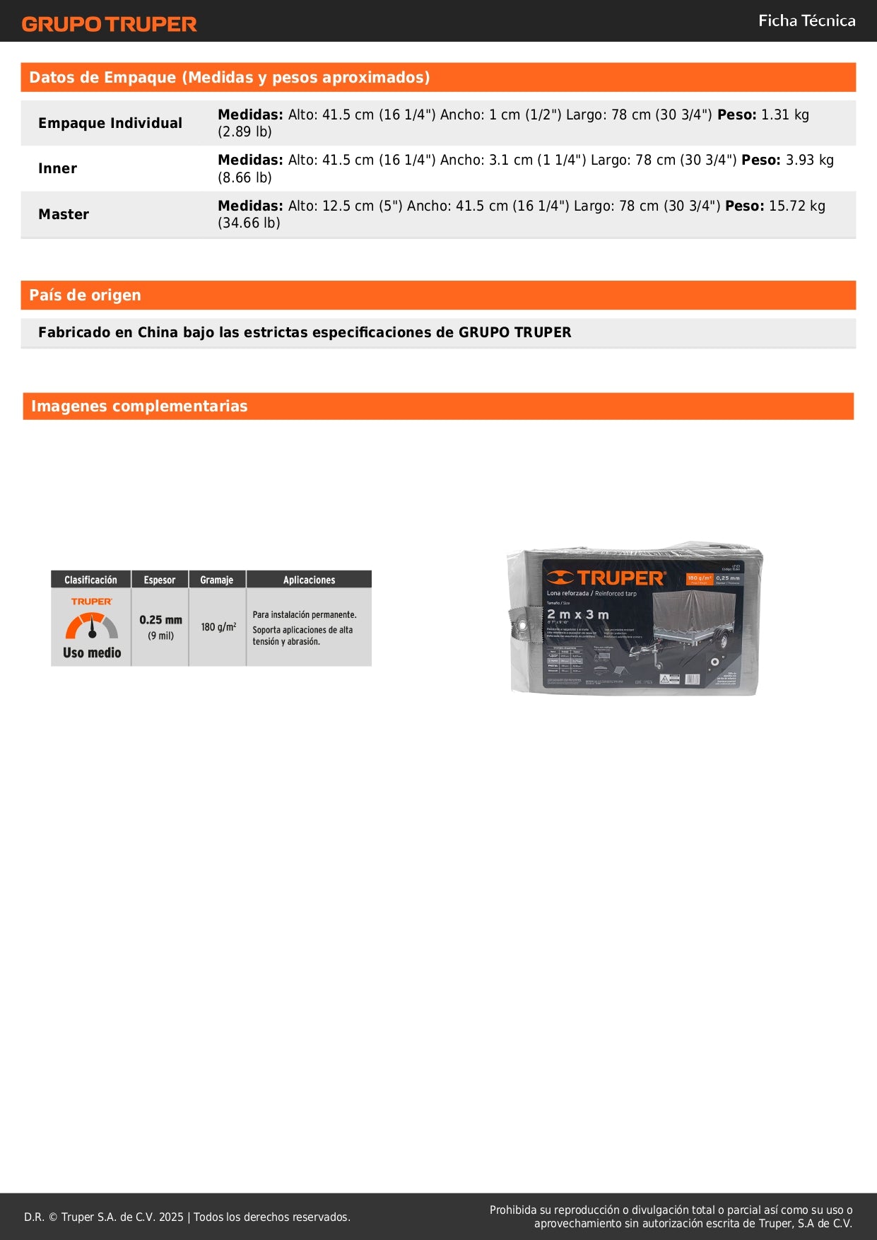 Lona Polietileno Reforzada 2x3m TRUPER LT-23 - Protección UV Resistente Intemperie Gris 180g/m2