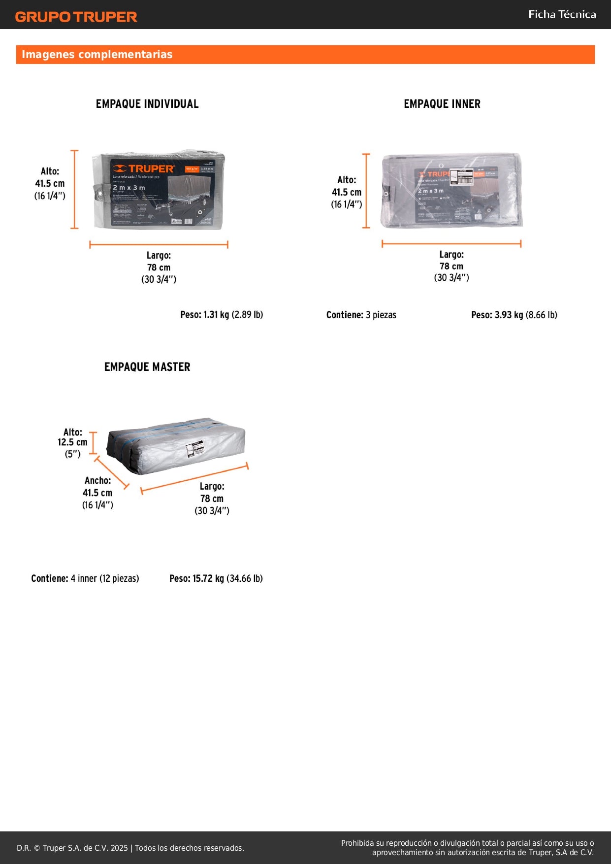 Lona Polietileno Reforzada 2x3m TRUPER LT-23 - Protección UV Resistente Intemperie Gris 180g/m2